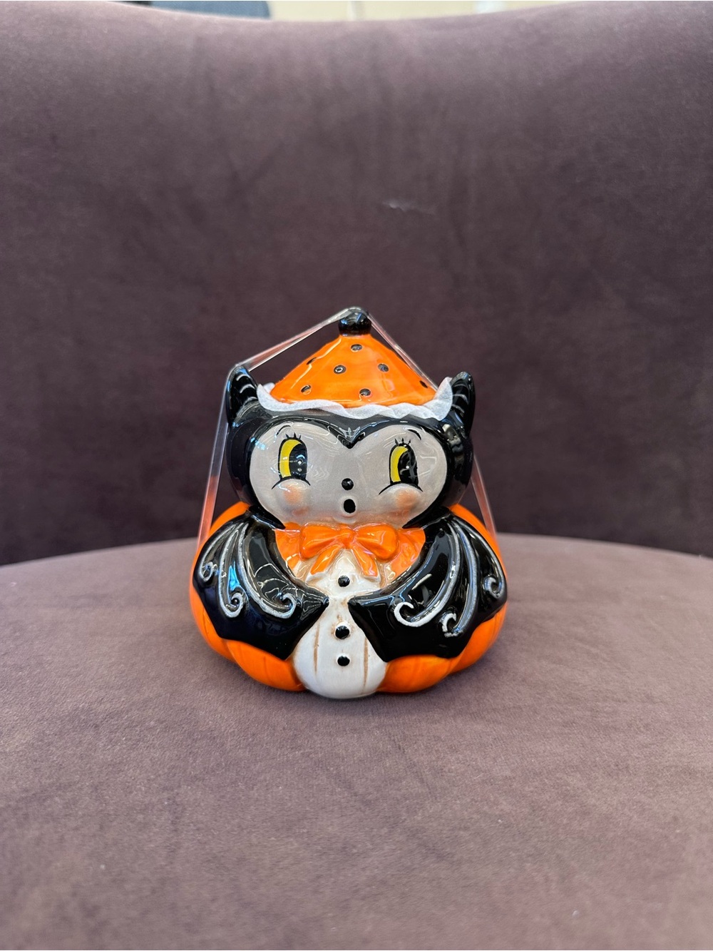 Ceramic Halloween Bat Figurine - Orange and Black